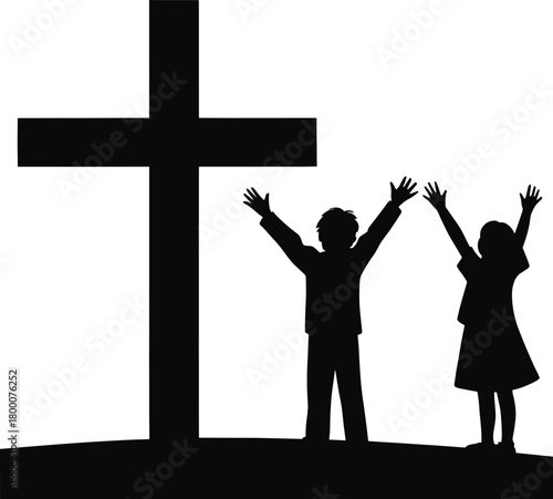 Silhouette of children joyfully raising hands beside large cross symbolizing faith, worship, hope, unity, devotion and spiritual celebration
