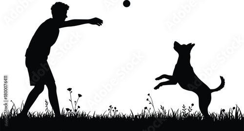 Silhouette person throwing ball to jumping dog in grassy outdoor field, playful pet activity in nature scene