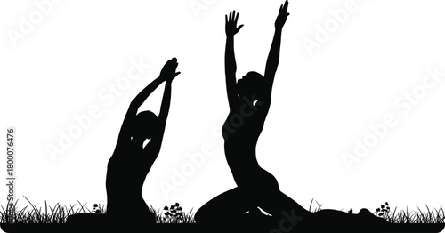 Women silhouette practicing outdoor yoga in peaceful nature setting with stretching poses, wellness exercise illustration on white