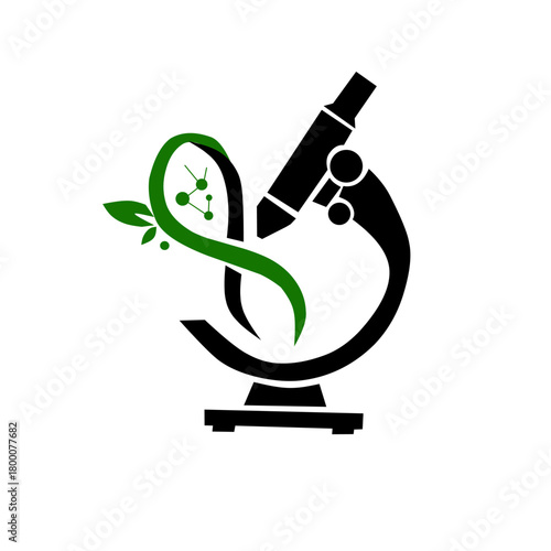 A striking icon blending a classic microscope with organic green leaves and DNA-like strands, symbolizing life science, biology, nature research, and modern scientific discovery.