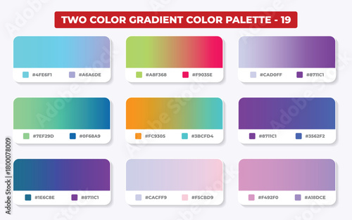 Collection of nine twocolor gradient color palettes with hex codes
