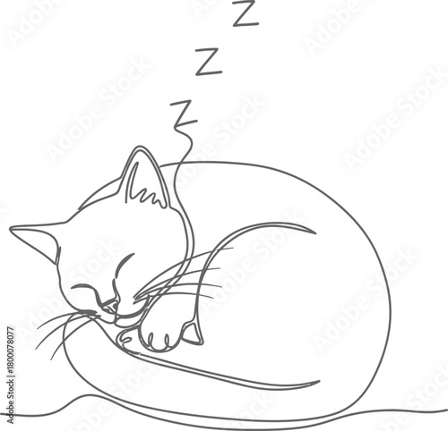 Minimalist outline drawing of a sleeping cat curled up with zzz symbols indicating rest and tranquility vector illustration