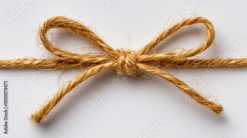 Delicate paper twine bow isolated white. For gift, decoration, ribbon, present, craft, elegant, packaging content.	