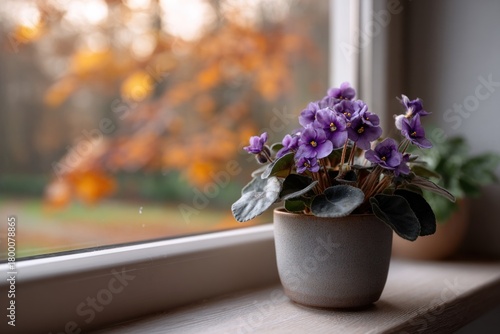 Purple African violet pot windowsill indoor plant. For home, decoration, plant, flower, indoor, nature, lifestyle, window content.