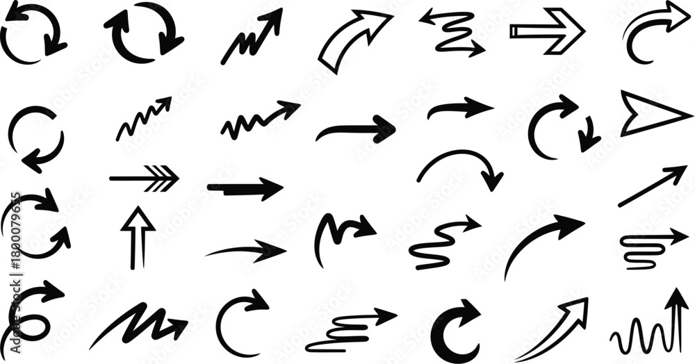 Obraz premium Diverse Black Arrow Collection: Sketch, Zigzag, Curved, and Circular Elements - AI Generative