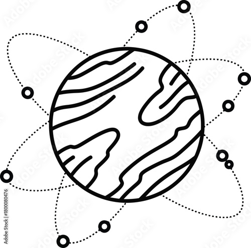 Cosmic planet with satellites orbiting sphere illustrating global communication technology space exploration and scientific discovery concept