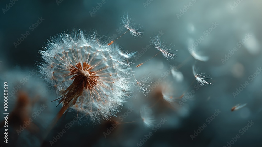 Fototapeta premium Dandelion seeds fluff floating air nature delicate. For nature, botanical, macro, plant, delicate, spring, life, growth, peaceful content.