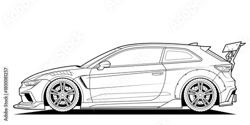Black and white outline of a modified racing hatchback side view, wide body kit, big wheels and huge rear wing. Perfect for coloring pages, car design concepts. Isolated on white background
