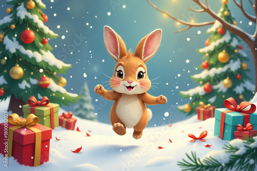 A joyful cartoon rabbit leaps in a snowy forest surrounded by Christmas trees and colorful gifts on a winter night.