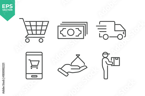 E-Commerce Line Icon Set. The set contains icons such as Shopping, Store, Payment, Discount, Shopping Cart, Package, Delivering, Courier and so on.