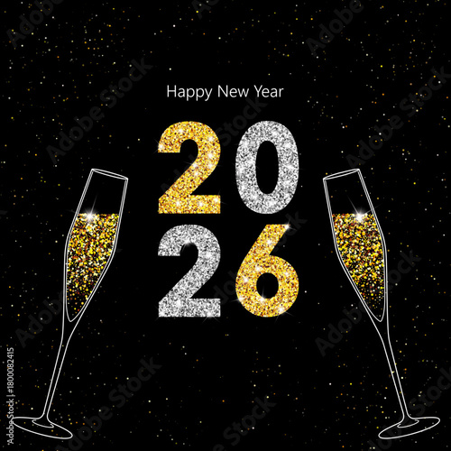 2026 Happy New Year. Champagne glasses vector illustration. Restaurant glassware. Bubbly in glass. Champagne glasses filled with gold confetti, fizzy champaign in goblet. Silver gold glitter confetti
