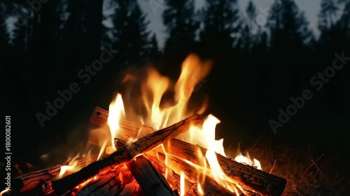 Warm campfire burning bright in the deep dark forest at night