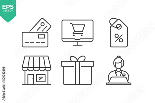 E-Commerce Line Icon Set. The set contains icons such as Shopping, Store, Payment, Discount, Shopping Cart, Package, Delivering, Courier and so on.