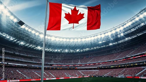Canadian flag proudly waves over a brightly lit sports stadium
