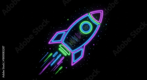 Fototapeta Naklejka Na Ścianę i Meble -  Neon rocket ship launching into space illustration