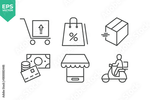 E-Commerce Line Icon Set. The set contains icons such as Shopping, Store, Payment, Discount, Shopping Cart, Package, Delivering, Courier and so on.