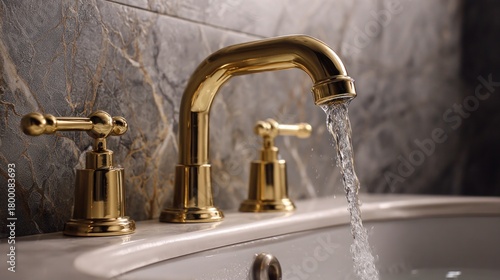 Brushed gold double-handle faucet luxury bathroom fixture. For bathroom, fixtures, luxury, design, plumbing, interior, premium content.