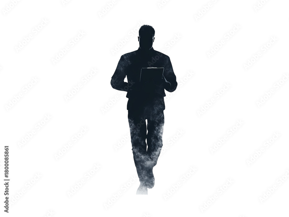 Fototapeta premium PNF of Silhouette of a man walking confidently while holding a tablet, exuding focus and determination.