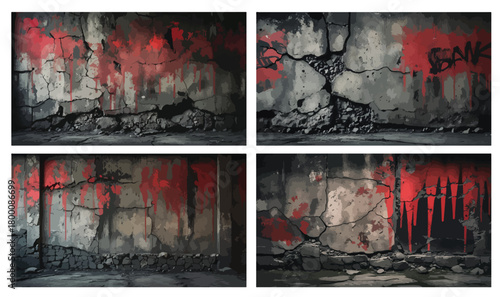 Punk Grunge Concrete Wall Background with Red Paint Drips and Cracked Texture
