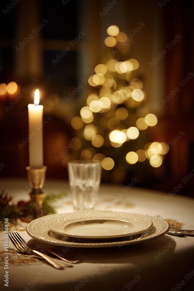 Fototapeta premium Single place setting with candle glass plate fork on table twinkling tree background. Poignant solo Christmas dinner, quiet holiday solitude vibe.