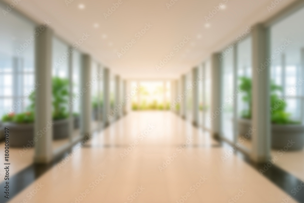 Obraz premium Bright modern office corridor, blur luxury hotel lobby and lounge for background contemporary interior design, glass walls and indoor plants creating a clean professional business environment