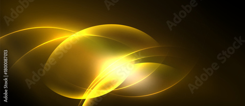 Golden swirls, luminous shapes, dark background. Abstract design evokes energy, warmth, light effects. Simple yet captivating visual.