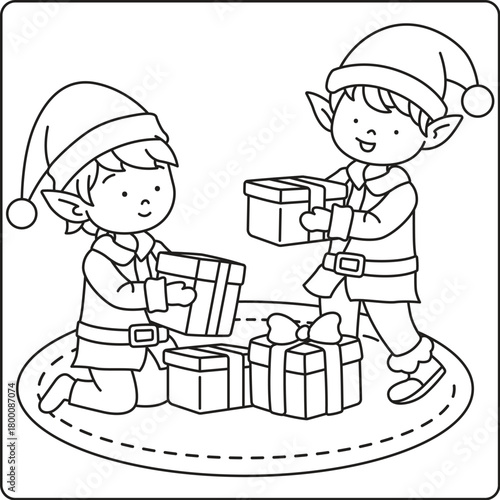 Two adorable christmas elfs happily preparing and exchanging presents together