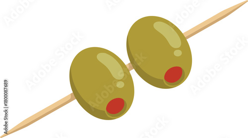 Simple vector illustration of two pimento-stuffed green olives skewered on a wooden toothpick, ready for a cocktail or appetizer serving.