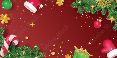 Luxury Red Christmas Banner Background - Festive Pine Branches, Holiday Ornaments, and Text Space