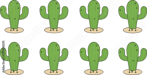 Vector illustration set featuring eight identical cartoon saguaro cacti planted in desert sand, symbolizing resilience and arid climates.