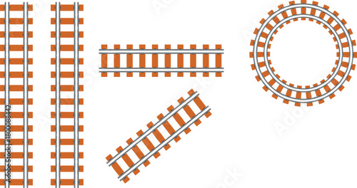 Vector set of train tracks in various formations, including straight sections, angled perspective, and a circular loop, symbolizing railway infrastructure and travel.