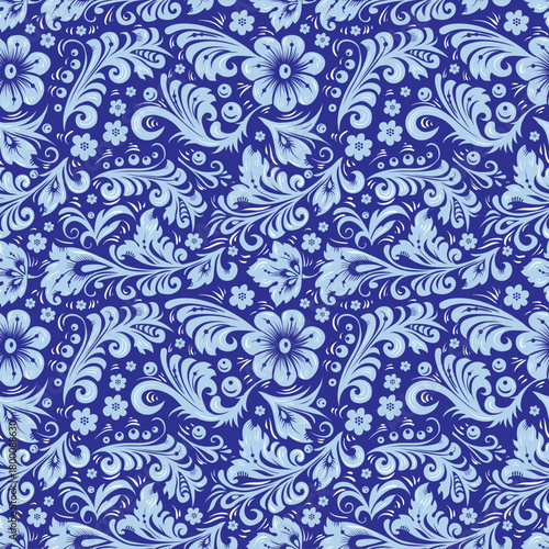 Winter pattern in the Old Russian style. Traditional, folk motif. Vector background with freezing twigs, berries, flowers, leaves. For cards, fabric, textiles, advertising, clothing, packaging.