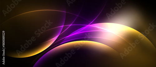 Abstract design features flowing curves, vibrant purple, gold hues. Light source creates dynamic glow, dark background enhances contrast.