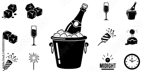 Champagne Bucket and Bottle Chilling Black Silhouette