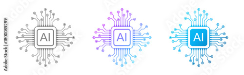 Set of three AI chip illustrations with circuit lines in gradient styles, representing artificial intelligence, digital technology, computing systems, and modern electronic design.