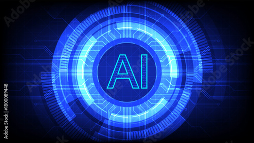 Futuristic blue digital interface with glowing concentric circles and AI text in the center, representing artificial intelligence, advanced technology, virtual systems, and high-tech innovation.