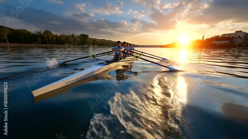 Regatta team rowing in perfect sync as they cross the finish line, water splashing under golden sunlight, teamwork and triumph concept, with copy space.