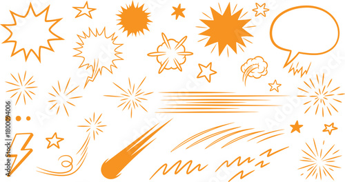 Collection of hand drawn orange comic book style explosions stars speech bubbles and lightning bolts