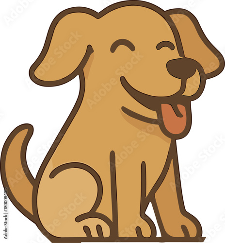 A cute cartoon-style puppy sits happily with its eyes closed, tongue out, and tail curled, radiating warmth and friendliness.