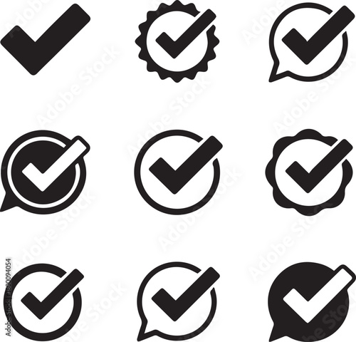 Collection of nine black check mark icons in various circular and badge designs tick approved
