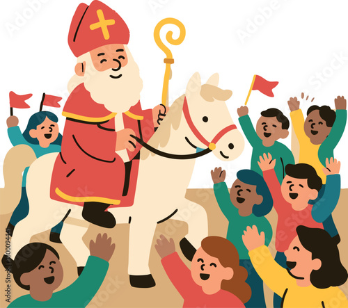A cheerful flat-style illustration of Sinterklaas riding a white horse while excited children wave and celebrate around him with festive red flags.