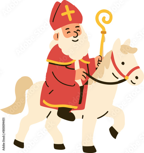 A flat-style illustration of Sinterklaas riding a white horse, holding his golden staff while smiling warmly in his traditional red robe and mitre.