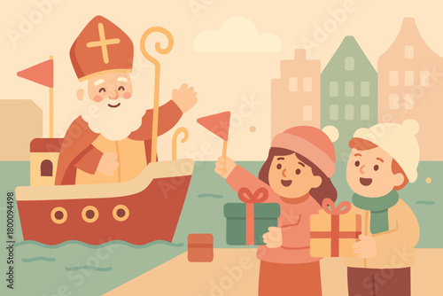 A cheerful Sinterklaas arrives by boat as two excited children greet him with flags and gifts in a warm, festive illustration.
