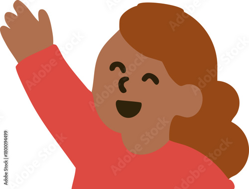 A cheerful child with raised arm smiles brightly in a simple, colorful flat-style illustration.