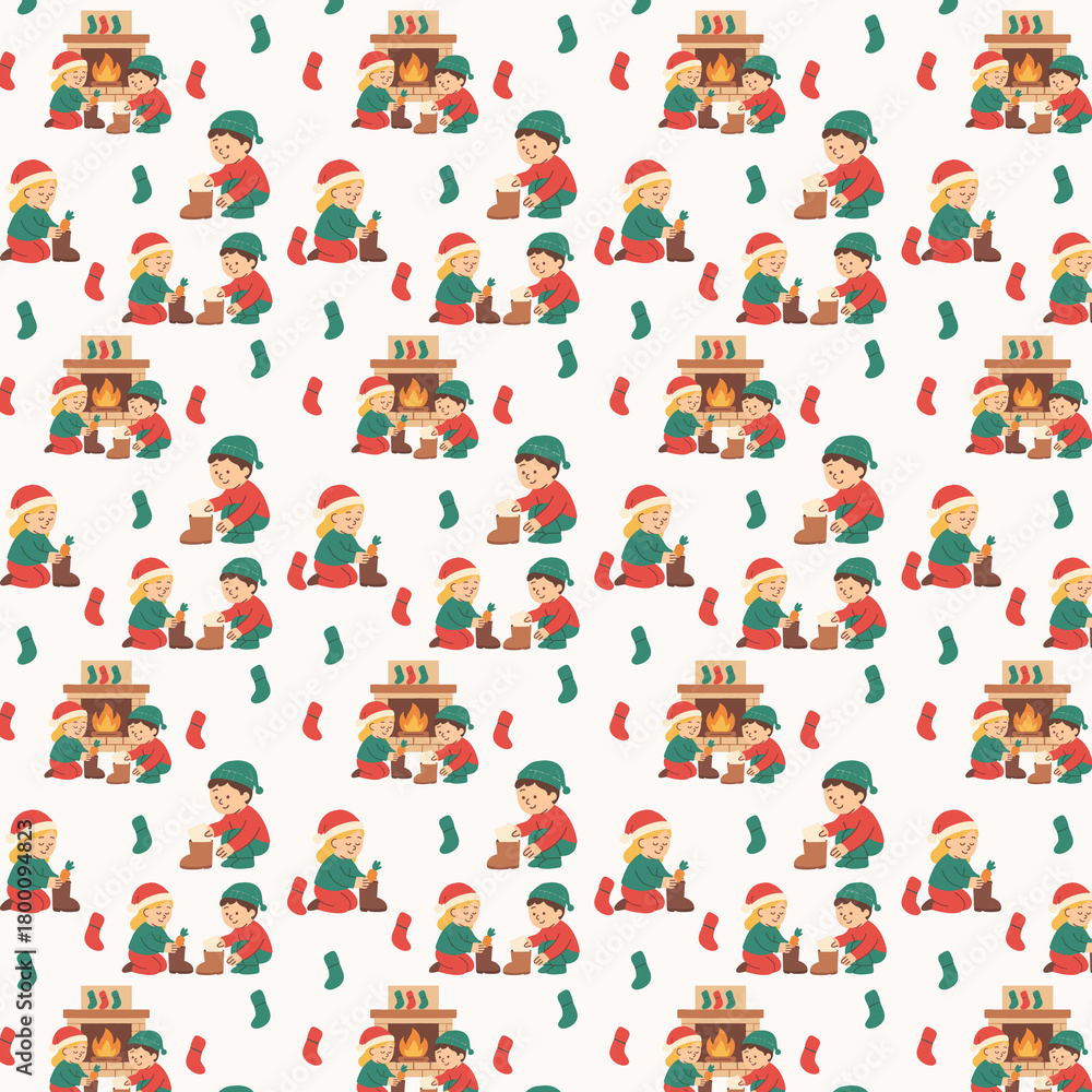 Obraz premium A festive seamless pattern featuring children preparing their boots with carrots and letters by the fireplace, surrounded by colorful holiday stockings.