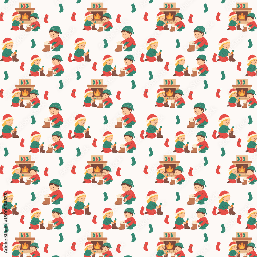Obraz premium A festive seamless pattern featuring children preparing their boots with carrots and letters by the fireplace, surrounded by colorful holiday stockings.