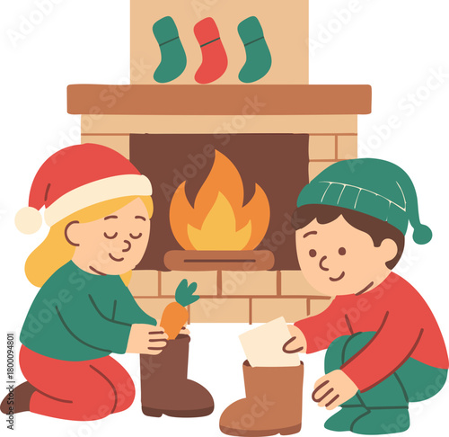 Two children prepare their boots by the cozy fireplace, placing a carrot and a letter inside as part of the Sinterklaas tradition.