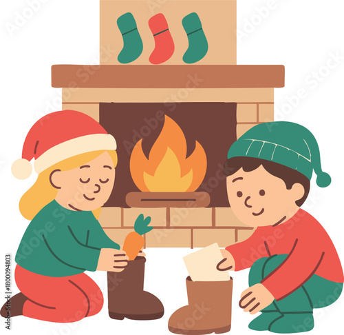 Two children prepare their boots by the cozy fireplace, placing a carrot and a letter inside as part of the Sinterklaas tradition.