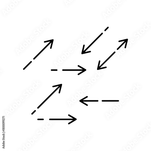 Abstract visual representation of multiple directional arrows in various orientations and line styles indicating movement and change