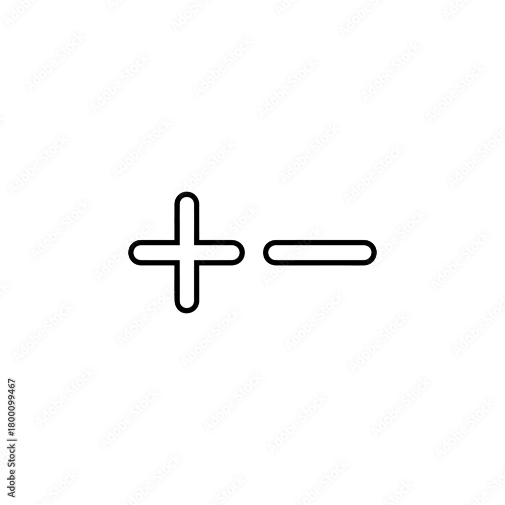 Fototapeta premium Simple black outline of a plus sign and a minus sign side by side on a white background representing addition and subtraction or positive and negative concepts